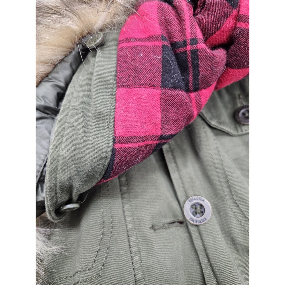 Hollister Women's Utility Jacket Fur Hood Plaid Interior Green Coat Size Large - Picture 8 of 11